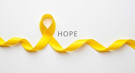 A yellow ribbon forming a loop and winding across a white background with the word hope displayed