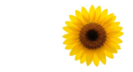 Fototapeta premium Close up view of a bright yellow sunflower with a dark center on a plain white background in studio shot