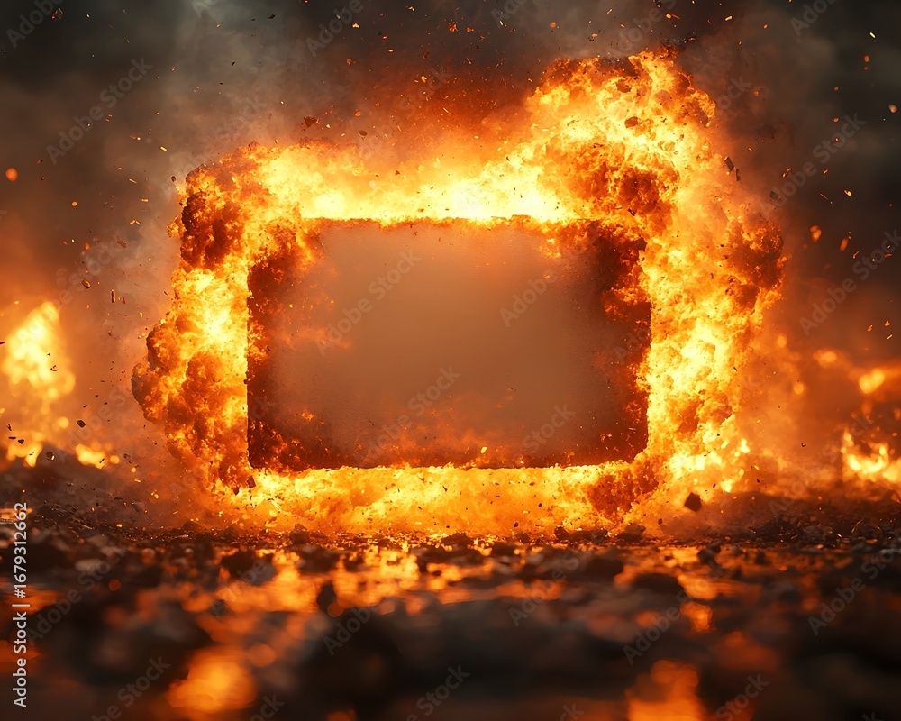 Aufkleber a dynamic scene of a rectangular frame engulfed in intense blazing fire and smoke with fiery debris 