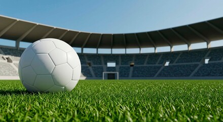 A white soccer ball on a green grass field in a stadium under a bright blue sky on a sunny day scene