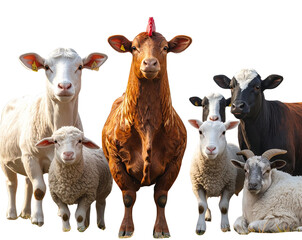 Fototapeta premium 3D Hen with Cow, Goat, and Sheep in Farm Scene, dynamic composition, isolated on transparent background PNG