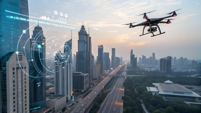 drone flying over cityscape with futuristic overlay
