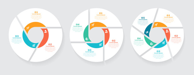 modern circular infographic template with 3, 4, and 5 step cycle design. Ideal for business presentation, workflow, marketing strategy, process chart and data visualization. 
