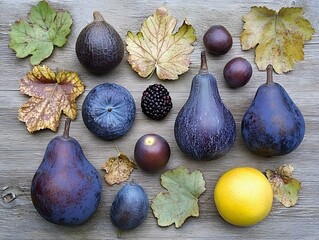 Autumn Harvest, Figs, Plums, and Grape Leaves Still Life