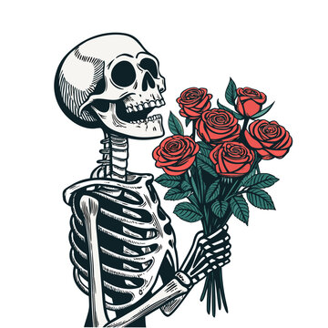 Stunning Create Bold Stroke Skeleton Holding Roses Bouquet Professional Photo