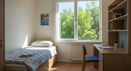 Clean and Bright Studio Apartment with Modern Kitchenette, Dining Table, and Cozy Bed Area.