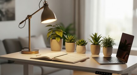 Home office desk with plants and desk lamp Keywords: home office, desk, laptop, notebook, plants