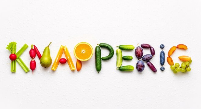 Bovenaf plat gelegd knapperig woord gemaakt van kleurrijk fruit en groenten op witte achtergrond