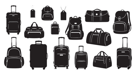 Collection of diverse black luggage silhouettes including rolling suitcases backpacks duffel bags and travel bags for vacation and business trips