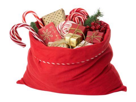 Festive red sack filled with colorful gifts, candy canes, and holiday decorations creates joyful atmosphere for Christmas celebrations