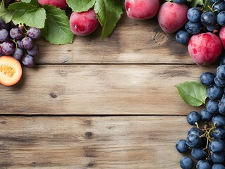 Plums Grapes Wooden Background Fresh Fruit Summer Harvest