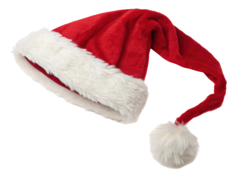 Festive red Christmas hat with white fur trim and fluffy pom pom adds cheerful touch to holiday celebrations