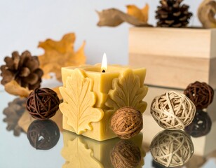 A warm, autumnal scene features a square candle with intricate oak leaf carvings, surrounded by decorative natural elements.