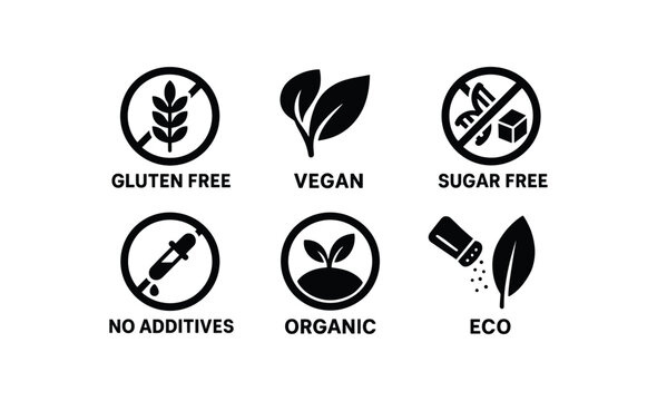 flat black solid icon 8 different items gluten free vegan mark non gmo sugar free no additives organic label low sodium eco leaf isolated on white background