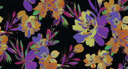 Vintage Colorful Old Style, Colorful joy of flora, flowers sets leaf, Goth blackbackground vector art hand drawn aesthetic Stylish Flower set seamless pattern suitable for printing on surface 