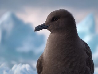 Brown seabird with a sleek body and sharp beak perched against a backdrop of icy formations, showcasing the beauty of wildlife in a cold environment