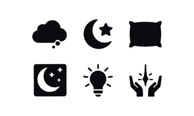 Obraz premium flat black solid icon items isolated on white background: dream cloud moon bed pillow night sky idea spark hope line