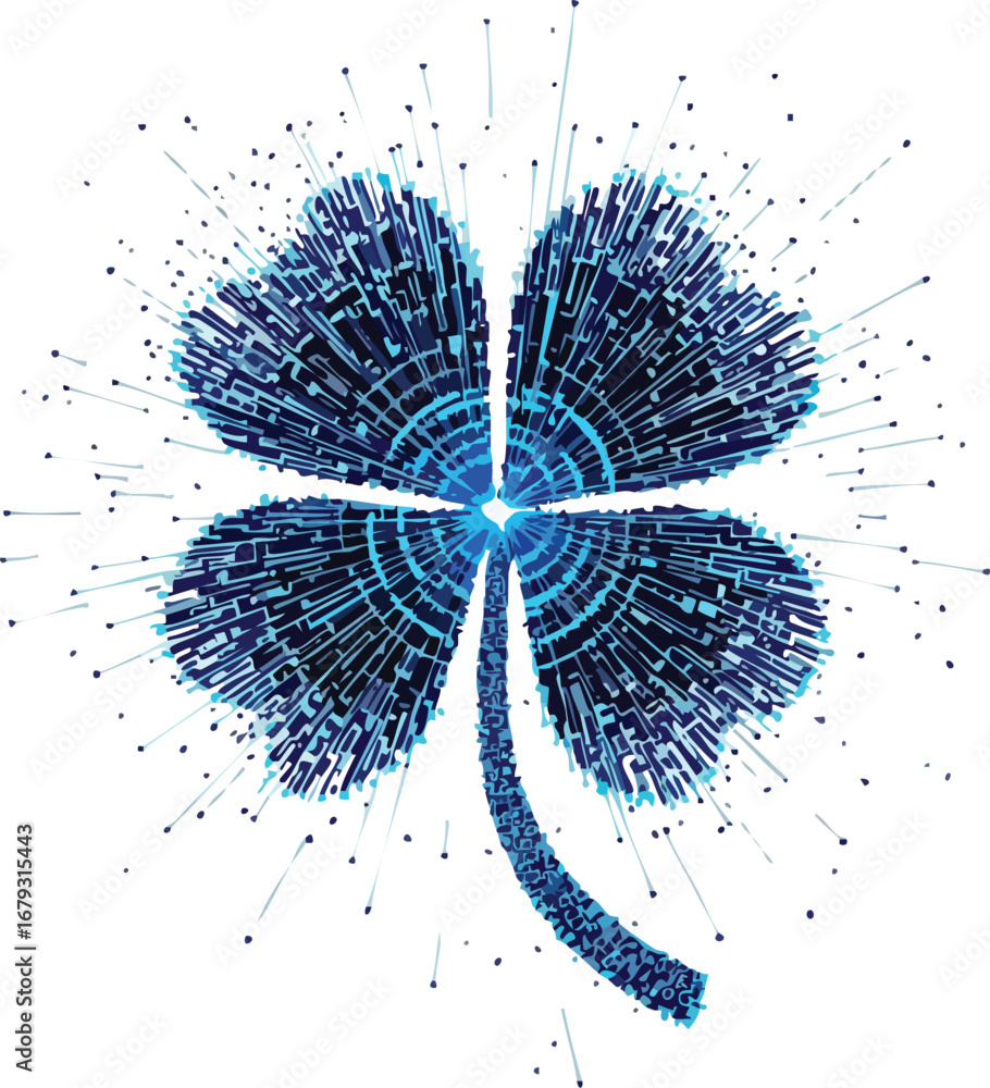 Poster blue digital circuit board four leaf clover with exploding light particles luck technology.
