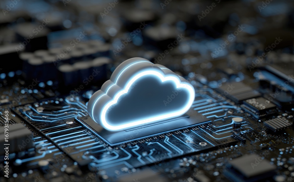 Aufkleber futuristic glowing cloud icon on computer circuit board, symbolizing cloud computing, data processin