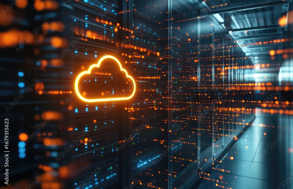Poster orange neon cloud icon in futuristic server room with digital data flow, symbolizing cloud computing