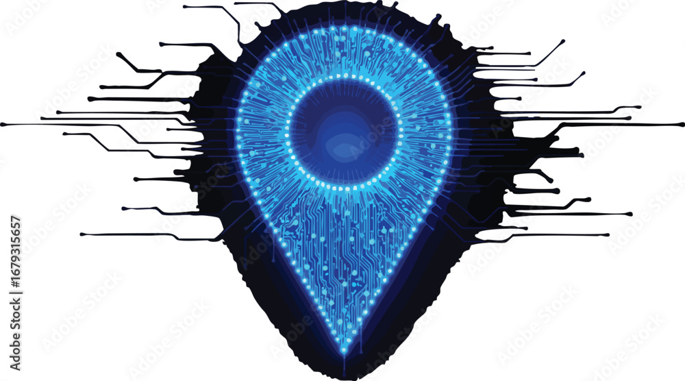 Poster digital blue location pin icon with circuit board design and network connections map marker navigati
