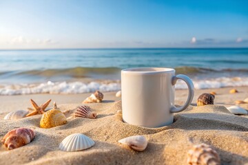 Photo of a white mug on the sand with seashells at the beach on a sunny day