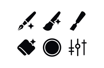 flat black solid icon items isolated on white background: refinement pen detail brush sculpt tool polish cloth filter lens adjust mark