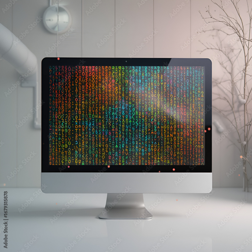 Fototapete 2d illustration abstract digital binary data on computer screen