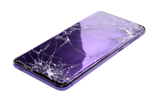 Broken smartphone screen with cracks.
