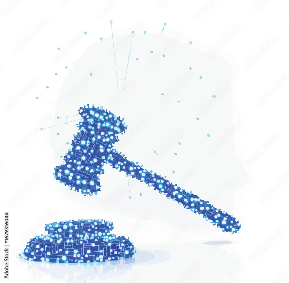Aufkleber gavel and sound block made of blue circuit board patterns and light particles judge justice.