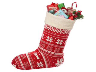 Festive Christmas stocking filled with colorful gifts, candy canes, and holiday decorations brings joy and warmth to holiday season