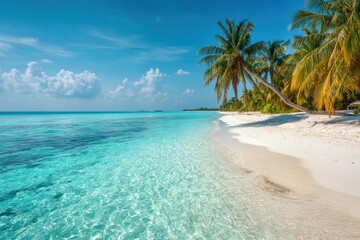 Fototapeta premium Scenic tropical beach paradise with turquoise ocean, palm trees, and white sand, idyllic summer holiday destination with tranquil atmosphere