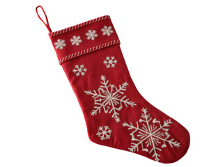 Festive red Christmas stocking adorned with white snowflakes brings joy and warmth to holiday celebrations