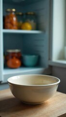 Close-up of an empty bowl, next to a sparsely stocked refrigerator, symbolizing the physical and emotional emptiness associated with hunger and depression , bulimia, unhealthy lifestyle