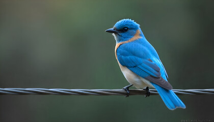 Naklejka premium Eastern bluebird perched on a wire, showcasing its vibrant blue plumage in a natural setting