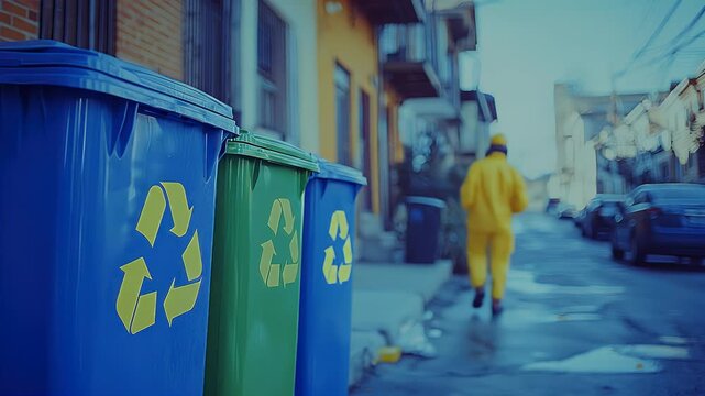 Person in yellow work suit walks by recycle bins on a city street - Powered by Adobe
