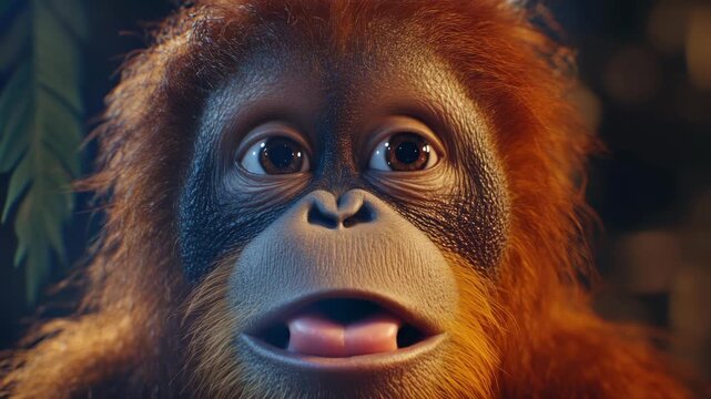 Orangutan with wide open eyes and mouth, in the jungle at night.