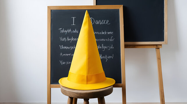 Yellow dunce hat on stool with chalkboard