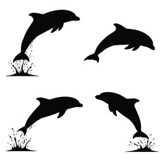 Four black silhouettes of dolphins jumping out of water in different poses