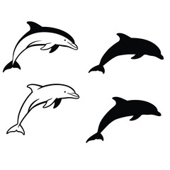 Four black silhouettes of dolphins jumping out of water in different poses