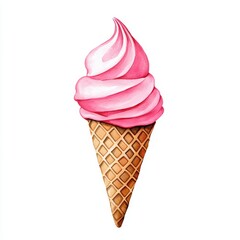 A whimsical illustration of a pink swirl ice cream cone with a textured waffle cone base, conveying a fun and refreshing treat.