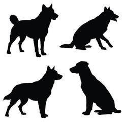 Four black dog silhouettes in different poses on white background