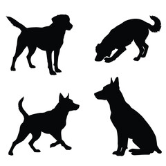 Four black silhouettes of dogs in different poses on white background