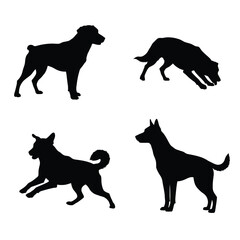 Four black silhouettes of dogs in different running and standing poses on white background
