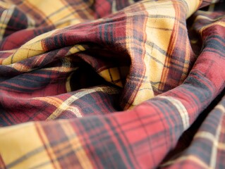 Red and Gold Plaid Fabric Texture Close Up Shot