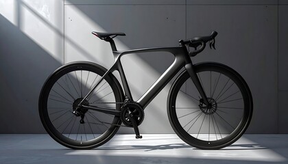 A futuristic black carbon fiber bicycle representing innovation and speed, elegantly displayed in a studio with striking light and shadow