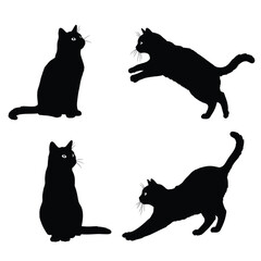 Four black cat silhouettes in different poses on white background