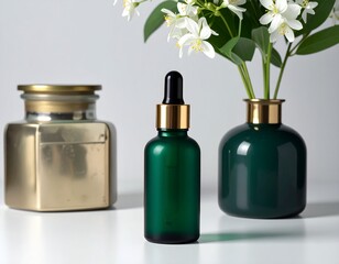 Green and gold serum bottle mockup isolated on a clean background. Sleek and luxurious design, ideal for skincare, beauty, and wellness branding presentations