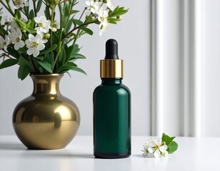Green and gold serum bottle mockup isolated on a clean background. Sleek and luxurious design, ideal for skincare, beauty, and wellness branding presentations