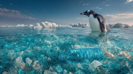 Obraz premium Environmental impact of plastic pollution and waste on antarctic wildlife featuring penguin and ocean debris
